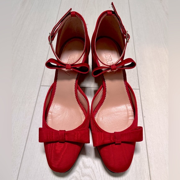 J.Crew-Millie bow ankle-strap heels moiré. Festival Red, Size 5M - Picture 3 of 11